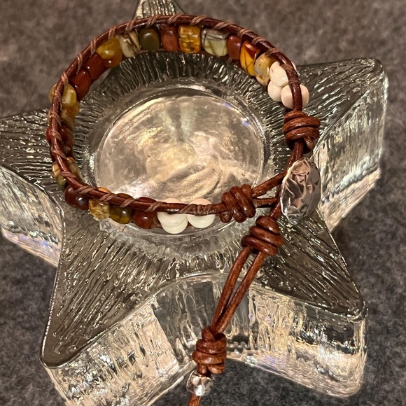 Leather Wrap Bracelet - Red Creek Jasper, Serpentine Jade, Silver Artisan Button - Picture 2 of 8